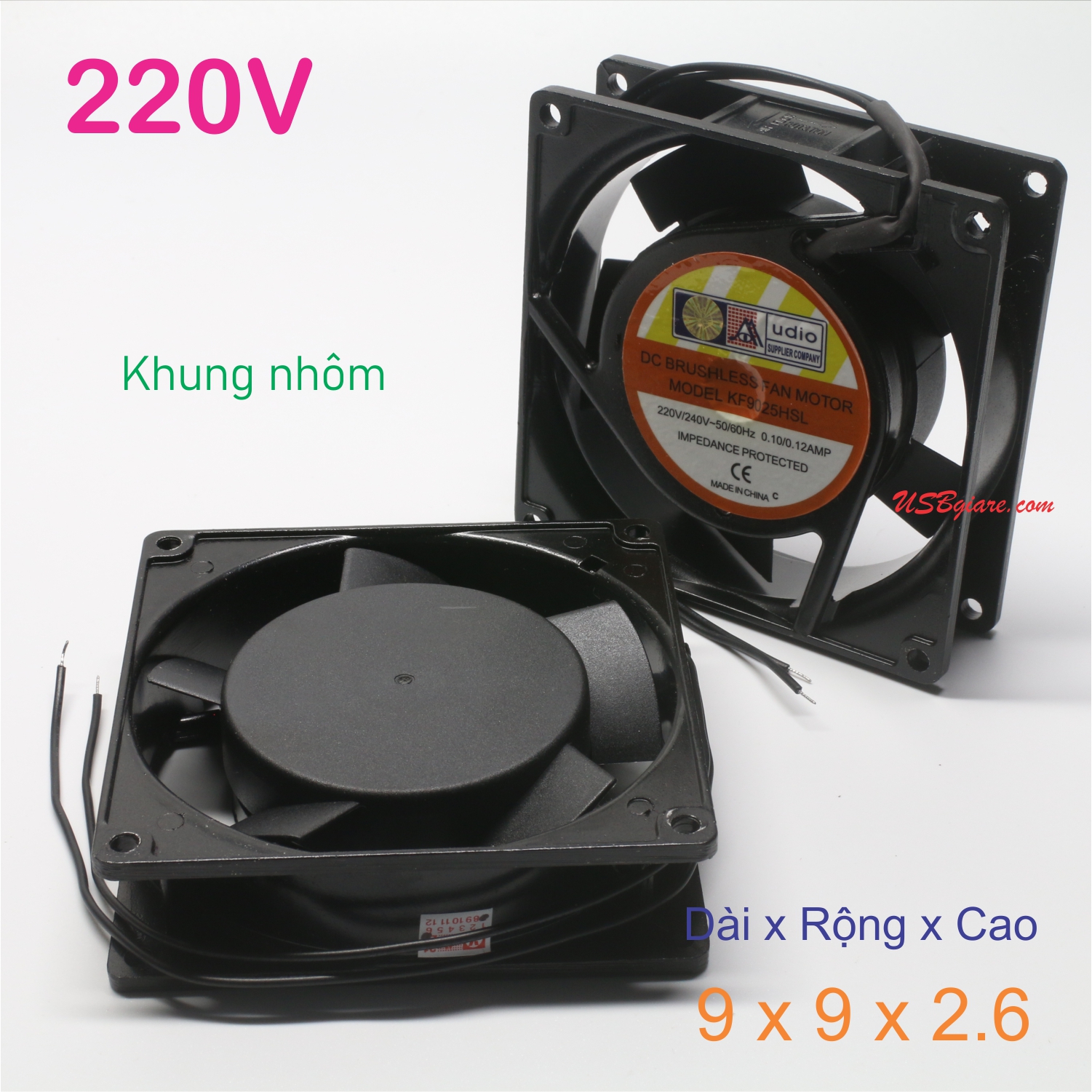 Quạt tản nhiệt 220V 9x9x2.6cm, Fan 220V 9x9x2.6cm (khung nhôm)【USBgiare,Com】