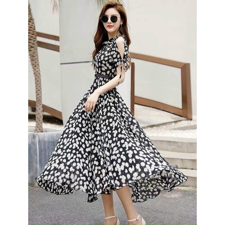 Đầm Maxi Hoa Cúc Thiết Kế Hở Vai Cột Dây, Cổ Nhún Bèo Xịn Sò, Tôn Dáng Yểu Điệu Thướt Tha, Sang Chảnh
