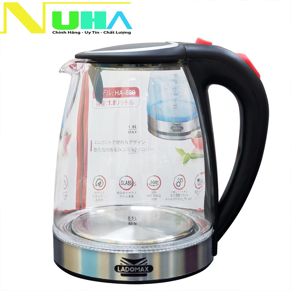 Ấm siêu tốc thủy tinh 1.8L Ladomax HA880-hàng chính hãng