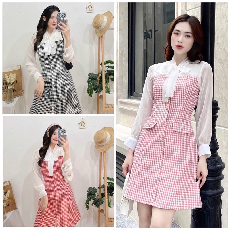 FREE SHIP Đầm thiết kế dạ kẻ phối voan thanh lịch sang chảnh KGIA DS