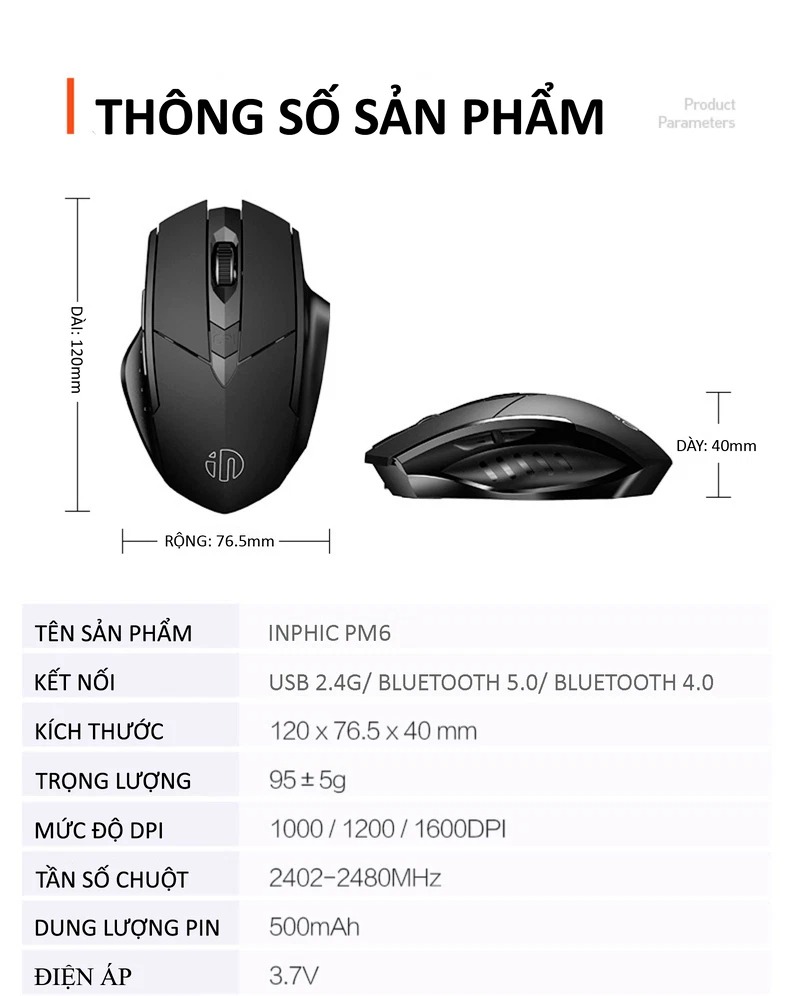 Chuột không dây INPHIC PM6 sử dụng pin sạc kết nối bằng USB 2.4G, Bluetooth 5.0 với nút nhấn silent không tiếng ồn - HÀNG CHÍNH HÃNG