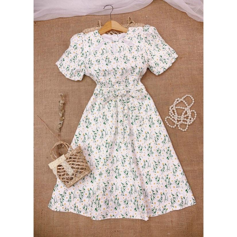 Đầm babydoll hoa nhí, Váy hoa nhí trắng dáng xòe Cao Cấp tay ngắn có dây cột eo, nữ tính quyến rũ - MiNhi Fashion