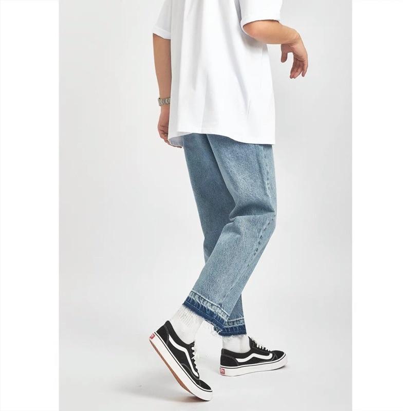 Quần jeans nam baggy ống đứng vải jeans cao cấp + áo thun đen