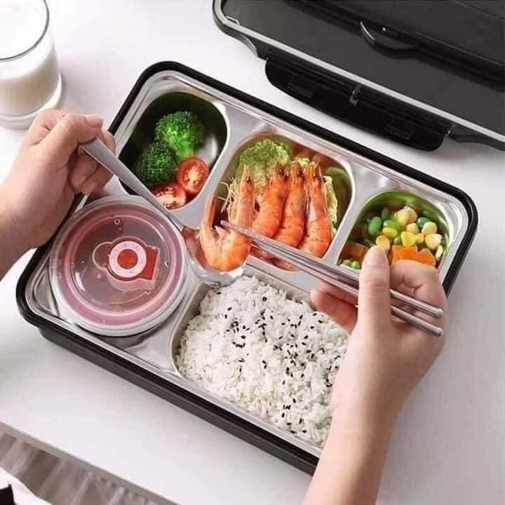 Khay cơm inox 5 ngăn sâu lòng có nắp đựng giữ nhiệt cầm tay tiện ích
