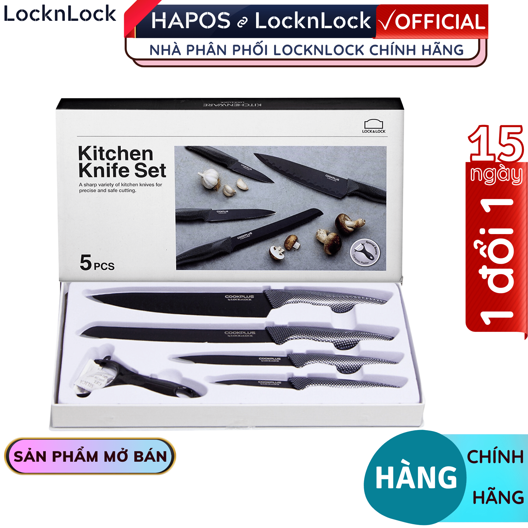 Bộ dao nhà bếp 5 món Lock&amp;Lock COOKPLUS CKK101S5BLK - Hàng chính hãng, có hộp sang - Hapos