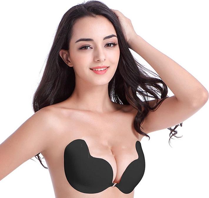 Áo lót nữ, áo bra dán nâng ngực tạo khe khóa cài trước - Đen