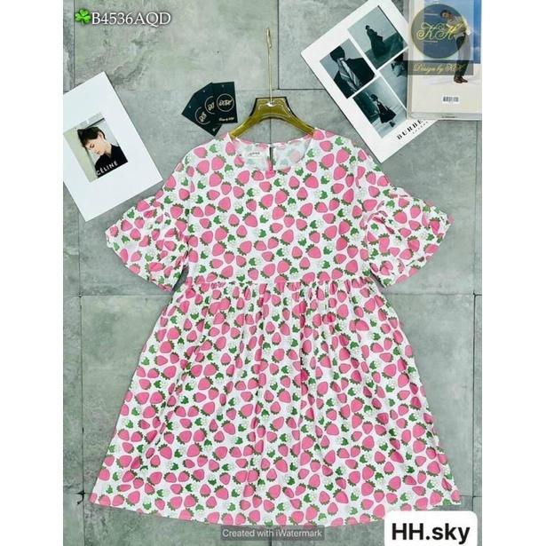 Đầm babydoll trái dâu đi biển đi dạo mặc nhà dễ thương bầu bì bon chen được