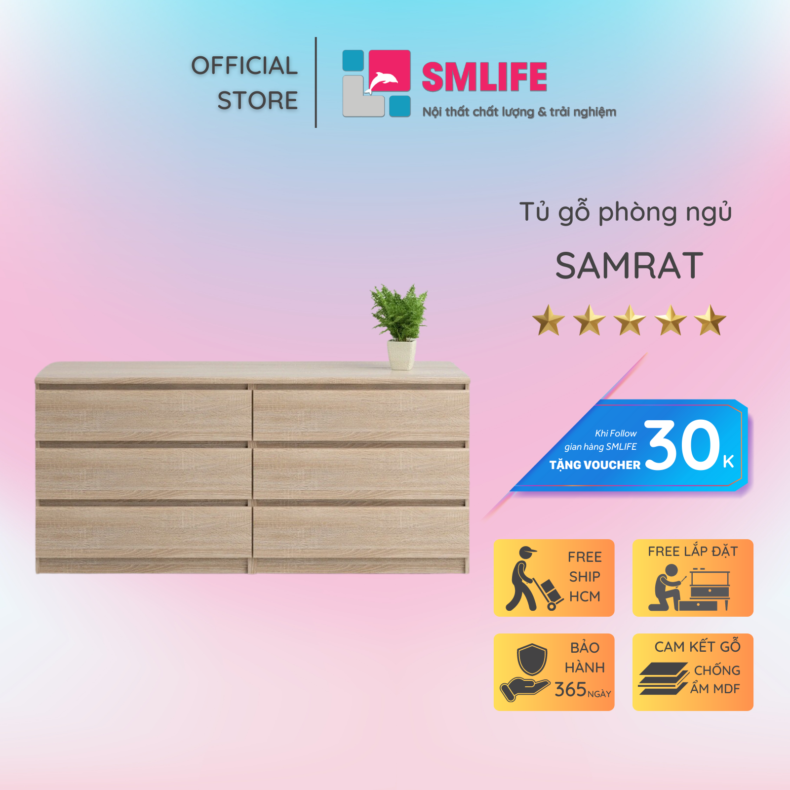 Tủ phòng ngủ gỗ hiện đại SMLIFE Samrat  | Gỗ MDF dày 17mm chống ẩm | D150xR45xC70cm