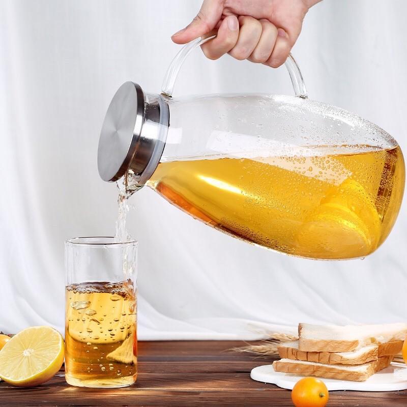 Bình nước thủy tinh chịu nhiệt, Bình dáng Bầu 1.6L , cốc thủy tinh 2 lớp 250ml