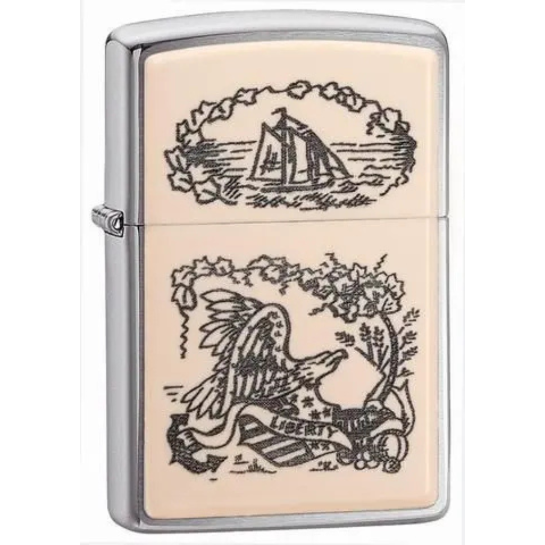 Bật lửa Zippo Scrimshaw Liberty Eagle - Dòng Khắc Nghệ Thuật Giả Ngà Voi Hình Đại Bàng Chính Hãng Mỹ, Vỏ Chrome Chống Gió