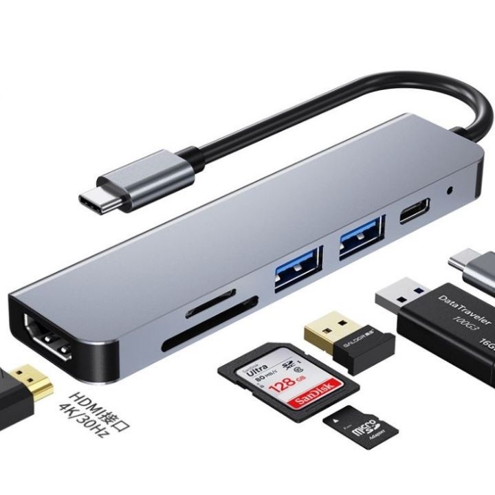 Thiết bị mở rộng USB type C Thunderbolt 3 ra 6 cổng HDMI/ USB 3.0/ Thẻ nhớ TF, SD cho Macbook