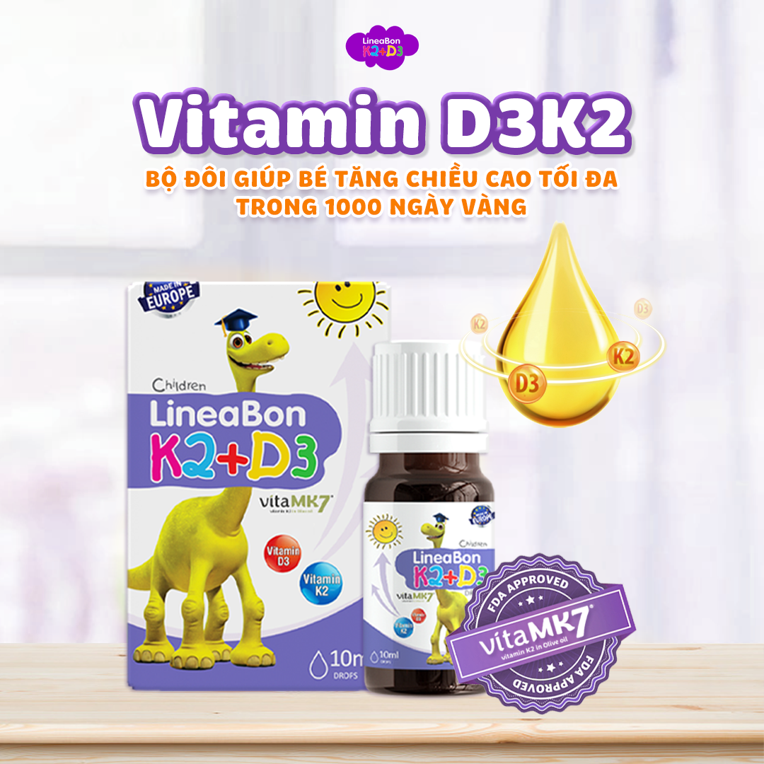 Lineabon bổ sung K2 và vitamin D3 - Có tem tích điểm đổi quà, giúp hấp thụ canxi, giảm còi xương, tăng chiều cao cho bé