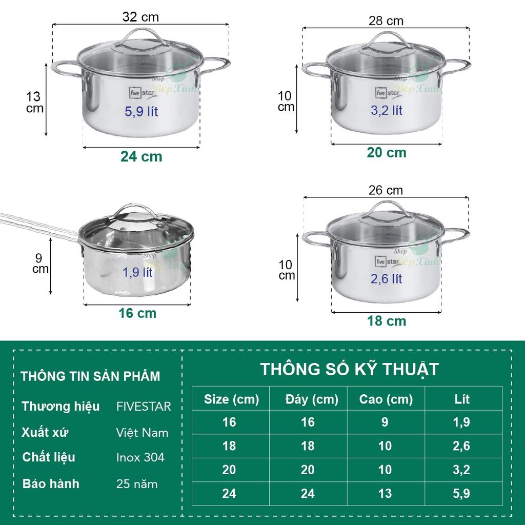 Bộ nồi 3 lớp đáy liền inox 304 Fivestar Plus quai oval nắp kính