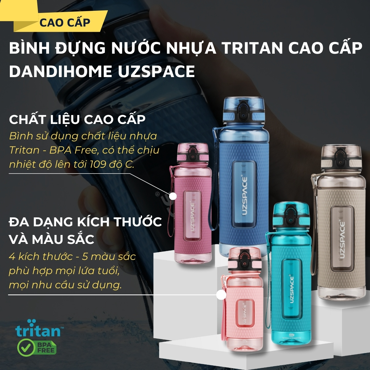 Bình đựng nước bằng nhựa tritan cao cấp DandiHome Uzspace 400/520/800/1100ml