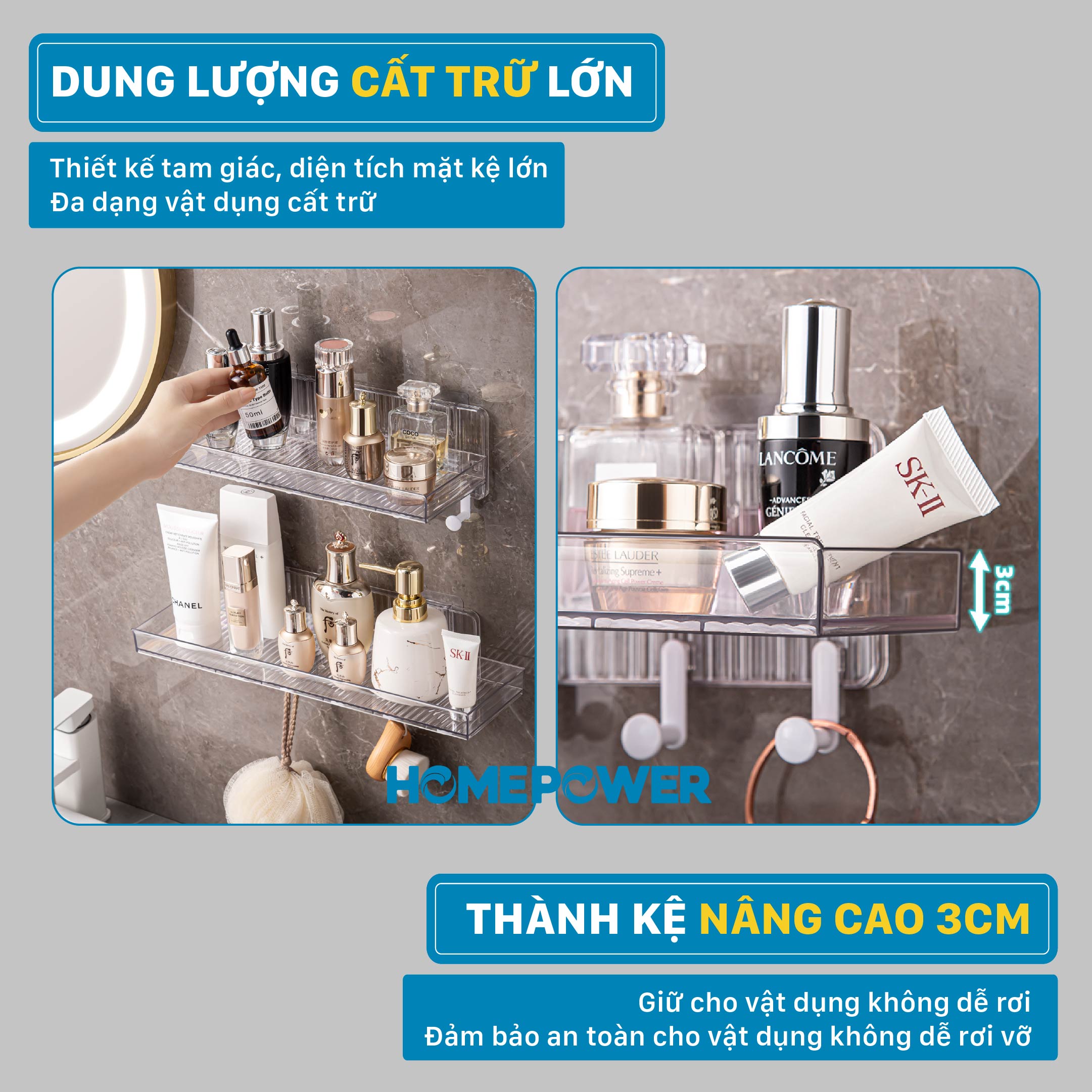 Kệ Nhà Tắm Dán Tường Homepower KCN-02 Có Móc Treo, Kệ Đựng Mỹ Phẩm Đa Năng