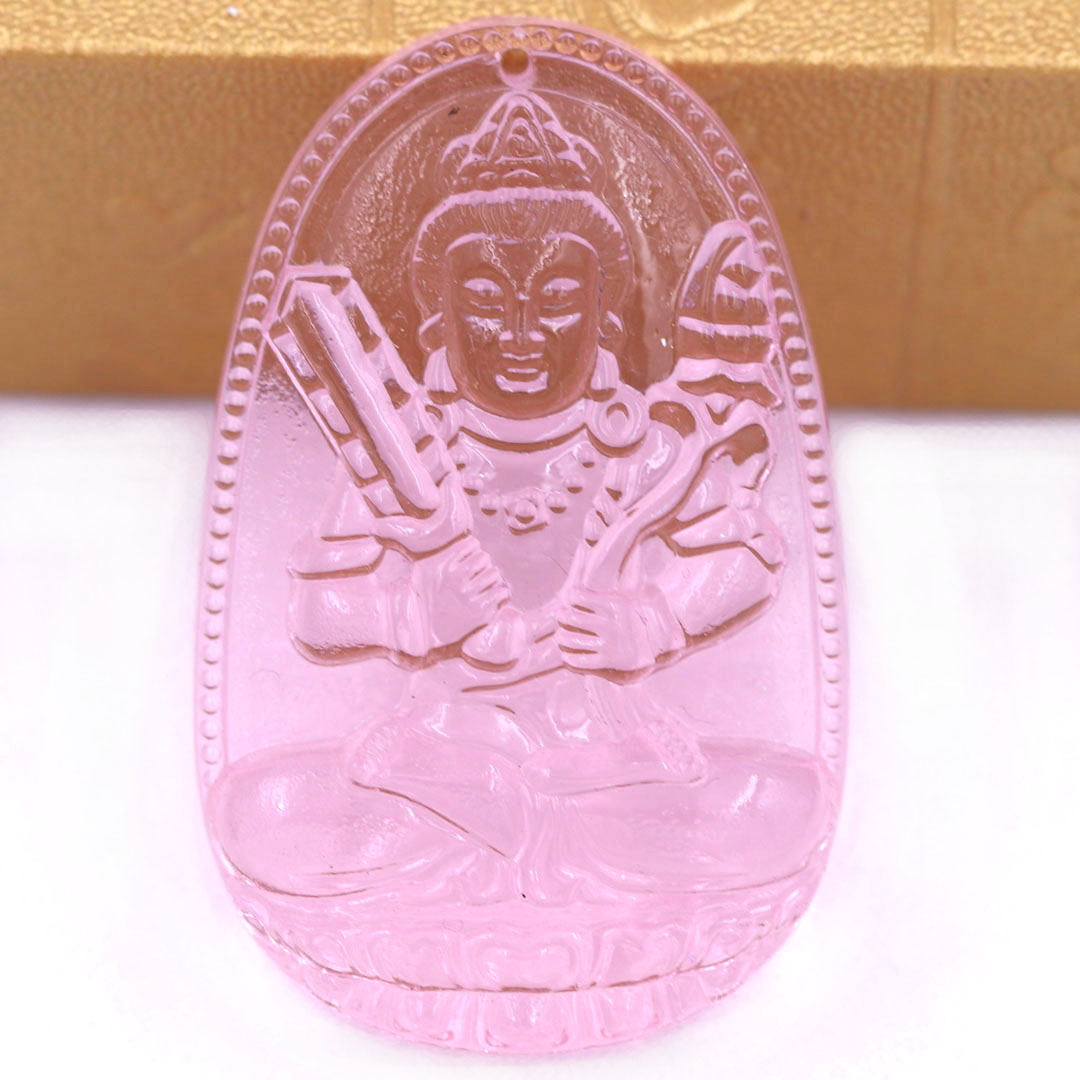 Mặt Phật Hư không tạng pha lê hồng 1.9cm x 3cm  kèm vòng cổ dây cao su đen + móc inox vàng, Phật bản mệnh, mặt dây chuyền