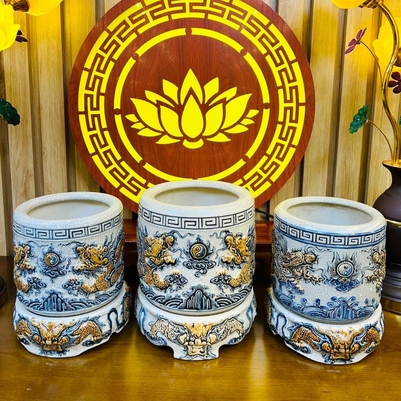 Bộ đồ thờ men rạn RỒNG VIỆT, Đồ thờ gia tiên, đồ thờ thần tài gốm sứ đắp nổi hoạ tiết rồng cao cấp