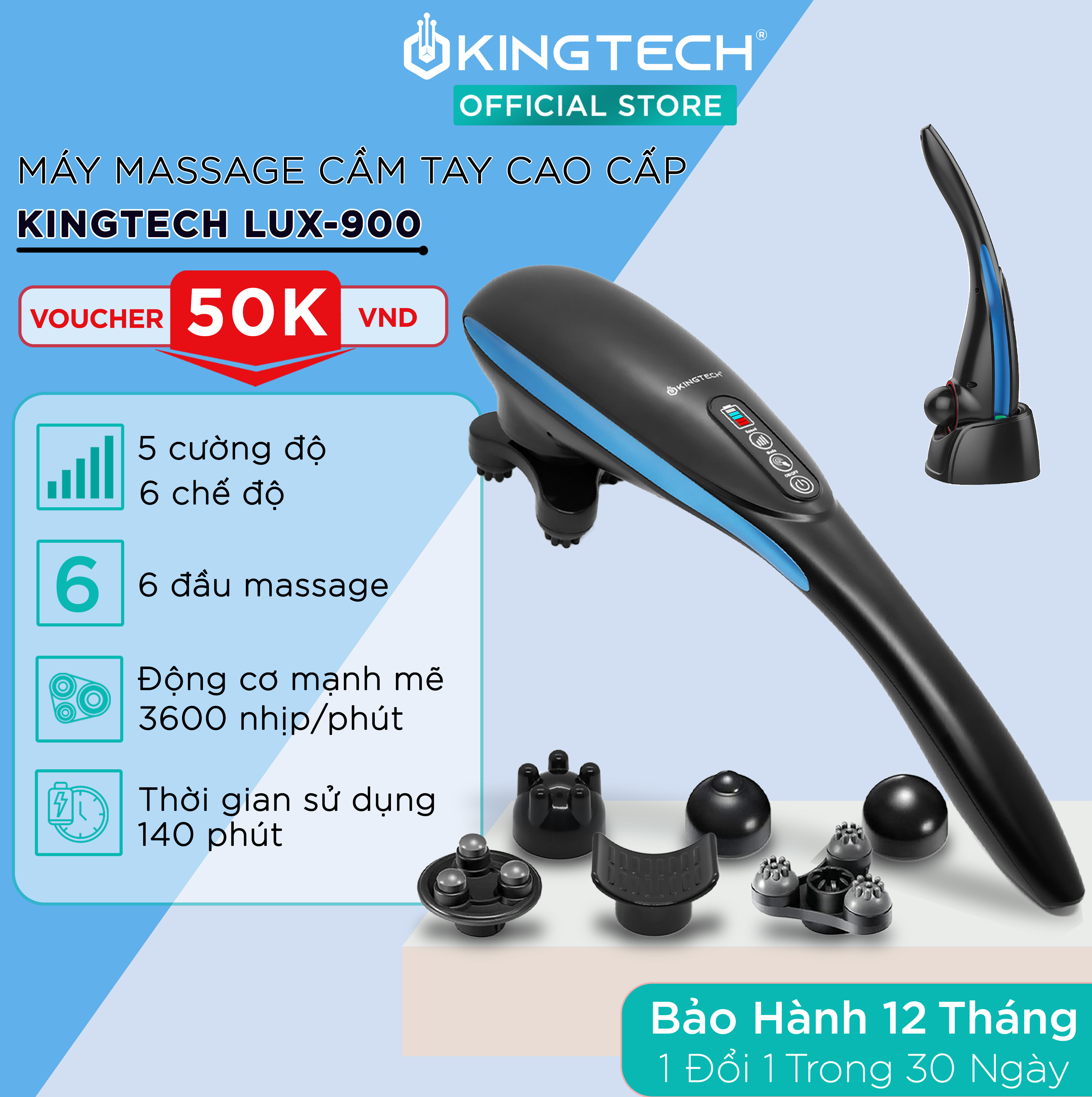 Máy Massage Cầm Tay Đa Năng Cao Cấp KINGTECH LUX-900 - Mát Xa Toàn Thân, Chuyên Sâu Cho Lưng, Cổ, Vai, Gáy Cánh Tay - Chính Hãng