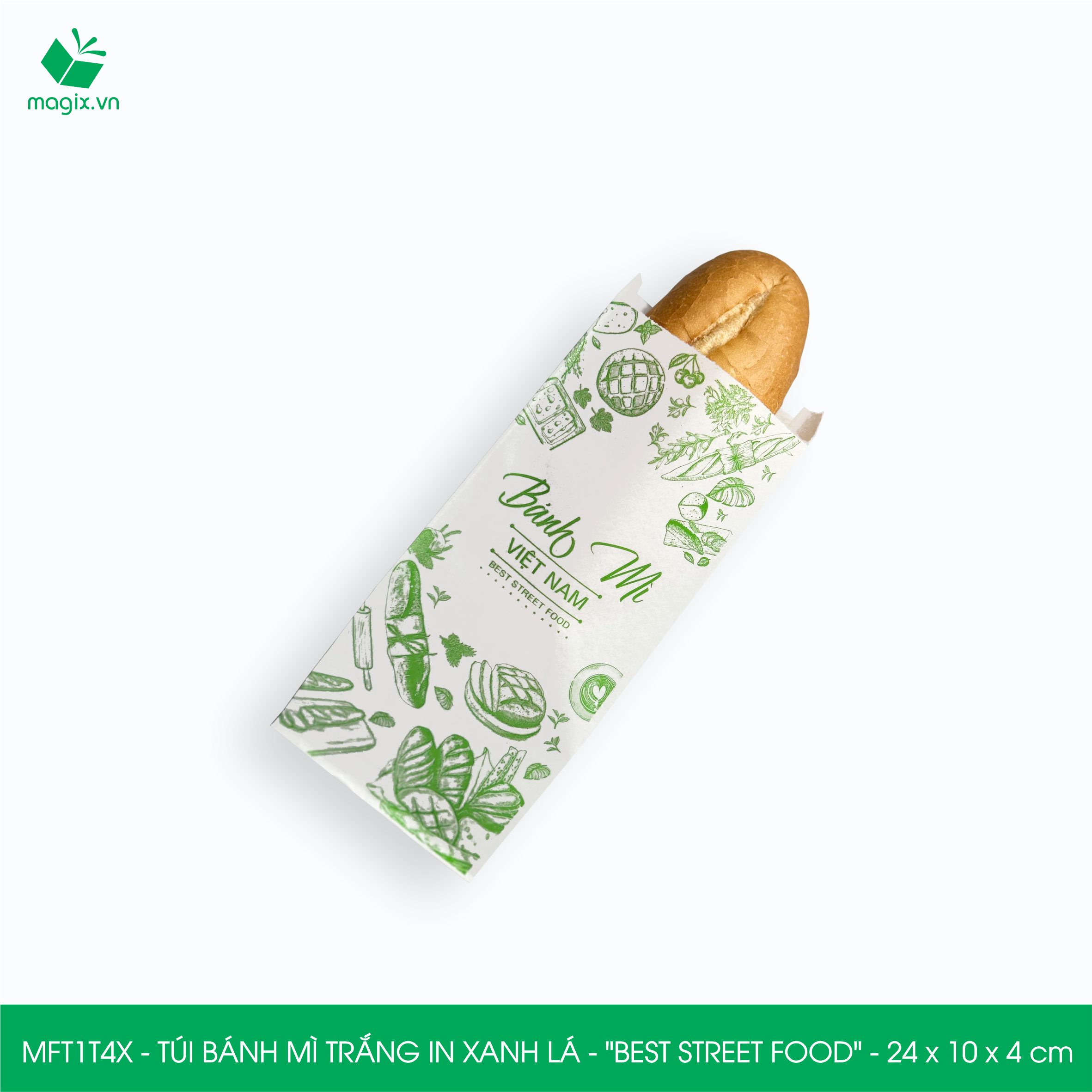 MFT1T4X - 24x10x4 cm - 100 Túi bánh mì Trắng, in sẵn họa tiết BEST STREET FOOD - Bao bánh mì Túi giấy thực phẩm an toàn