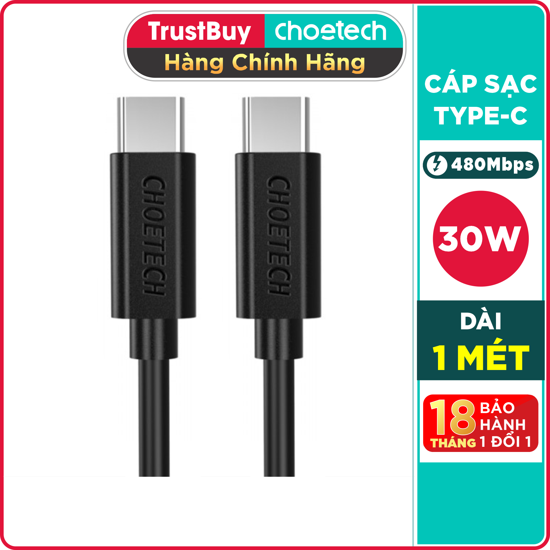 Dây Cáp Sạc Điện Thoại USB Type C To Type C 30W Dài 1M CHOETECH CC0002-V2 - Hàng Chính Hãng