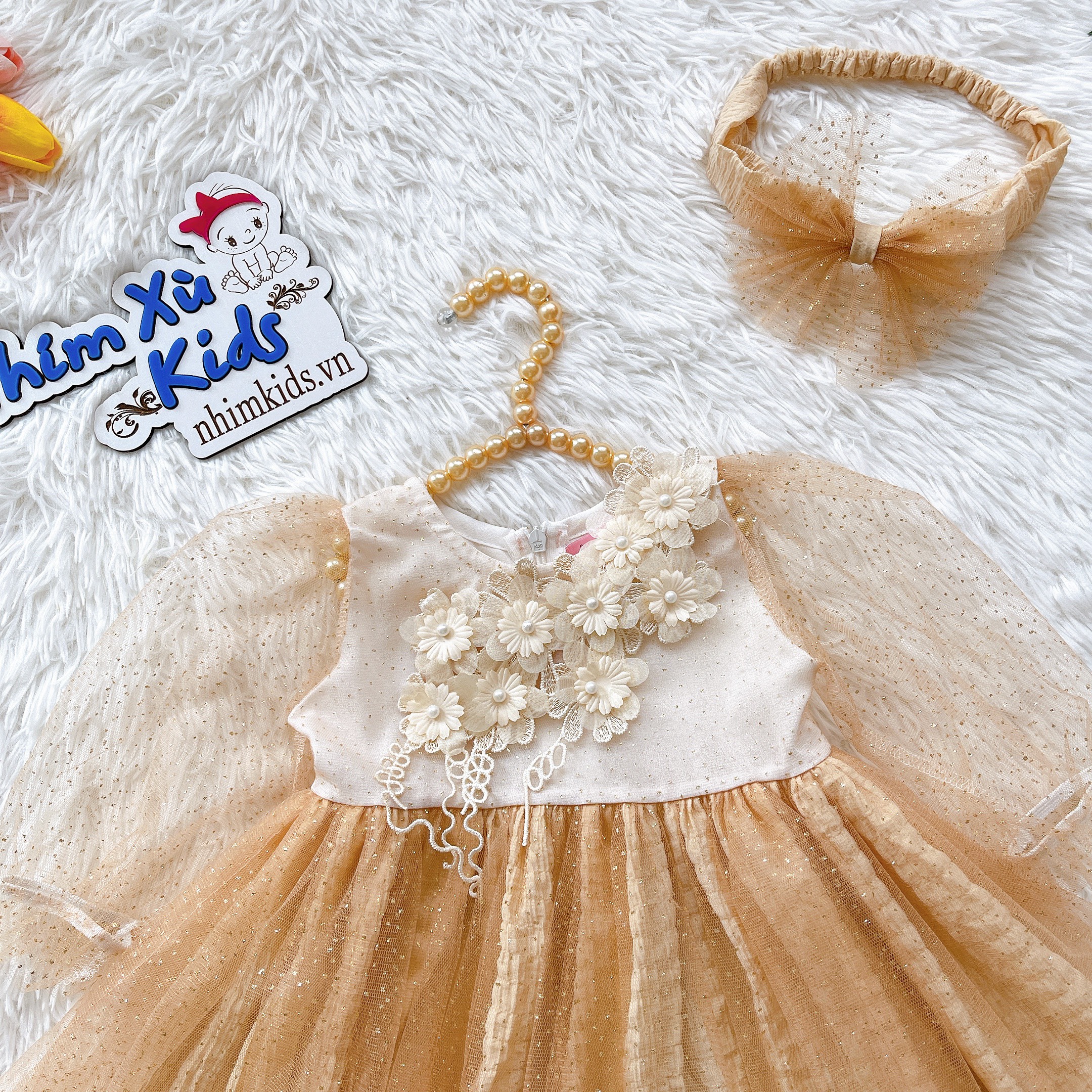 Váy công chúa đính hoa tặng kèm turban cho bé gái 4 - 15kg