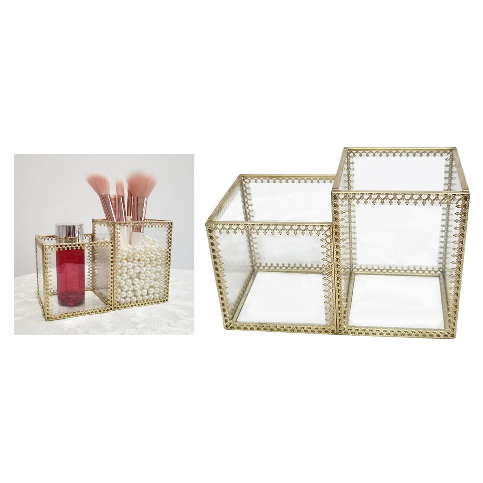 Clear Glass Makeup Brush Holder Organizer Storage Case Box 2 Slot