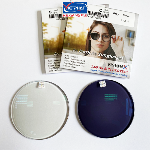 Tròng kính cận đổi màu ánh sáng xanh VisionX 1.60AS Sun Protect chính hãng Singapore