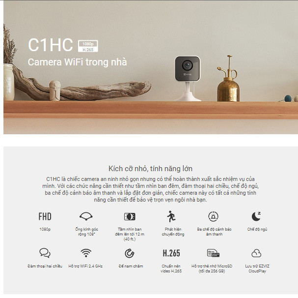 Camera WI-FI EZVIZ C1HC 1080p, Trong Nhà, Đàm Thoại 2 Chiều, Góc Rộng, Nén Video H.265, Phát Hiện Chuyển Động, Hồng Ngoại Ban Đêm 12m, 3 Chế Độ Báo Động, Thiết Kế Nhỏ Gọn Và Dễ Sử Dụng.--Hàng Chính Hãng