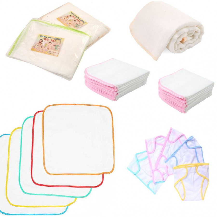 20 khăn sữa 25 x 25cm + 2 khăn tắm 75 x 80cm cotton 4 lớp + 10 khăn chống thấm và 10 tã cho bé_y hình