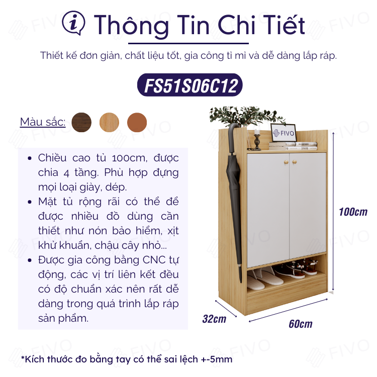 Tủ Giày Dép Gỗ Chống Ẩm Cao Cấp 4 Tầng FIVO FS51, Thiết Kế Hiện Đại, Ngăn Chứa Rộng Rãi, Đựng Được Mọi Loại Giày Dép - Ngang 60cm