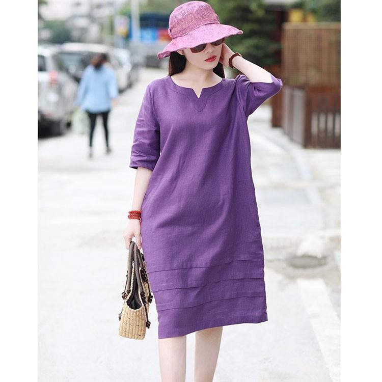 Đầm suông linen tay lỡ cổ phát V, chất vải linen tự nhiên mềm mát, thời trang xuân hè 2021