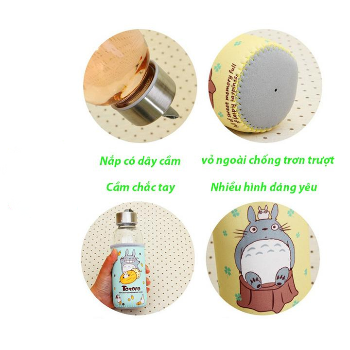 Bình Nước Thủy Tinh Totoro Có Dây Xách Và Bọc Vải 300ml ( Giao mẫu ngẫu nhiên)