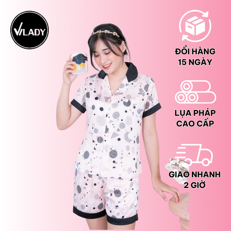 Đồ bộ pijama lụa, đồ mặc nhà nữ Vilady - B137 kiểu đồ bộ ngắn họa tiết hình học siêu dễ thương, chất liêu lụa Pháp cao cấp - Màu hồng