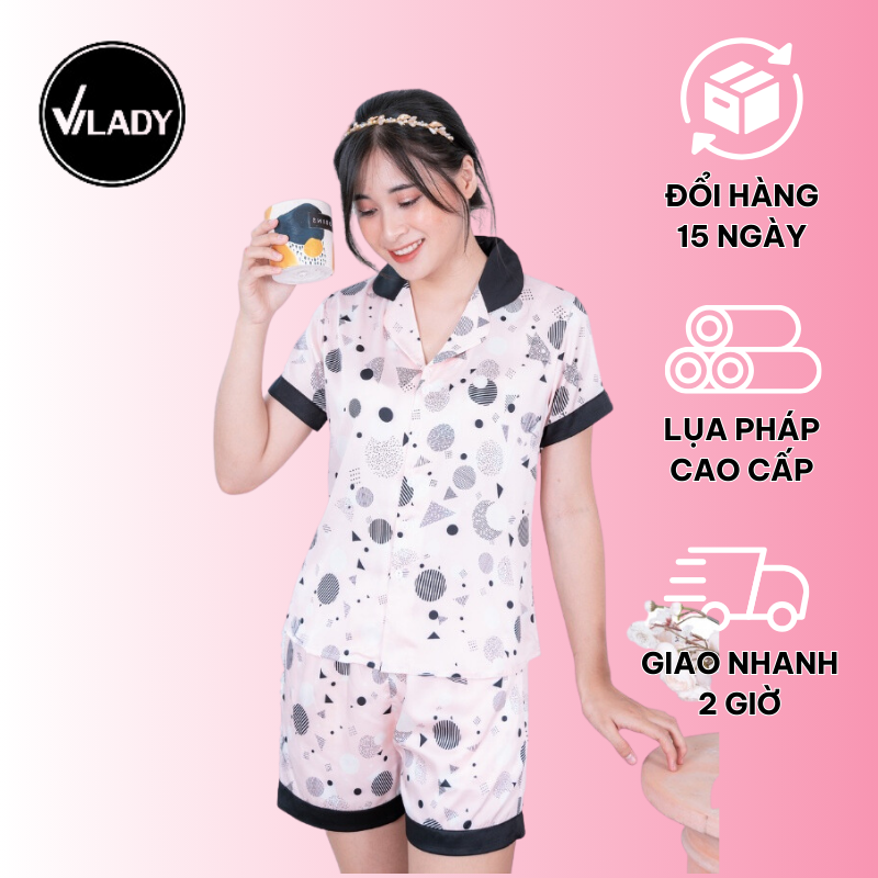 Đồ bộ pijama lụa, đồ mặc nhà nữ Vilady - B137  kiểu đồ bộ ngắn họa tiết hình học siêu dễ thương, chất liêu lụa Pháp ( lụa latin) cao cấp - Màu hồng