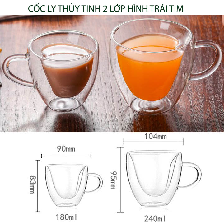 Cốc thủy tinh 2 lớp hình trái tim, dùng uống cà phê, trà, sữa, loại 180ml-240ml tùy chọn