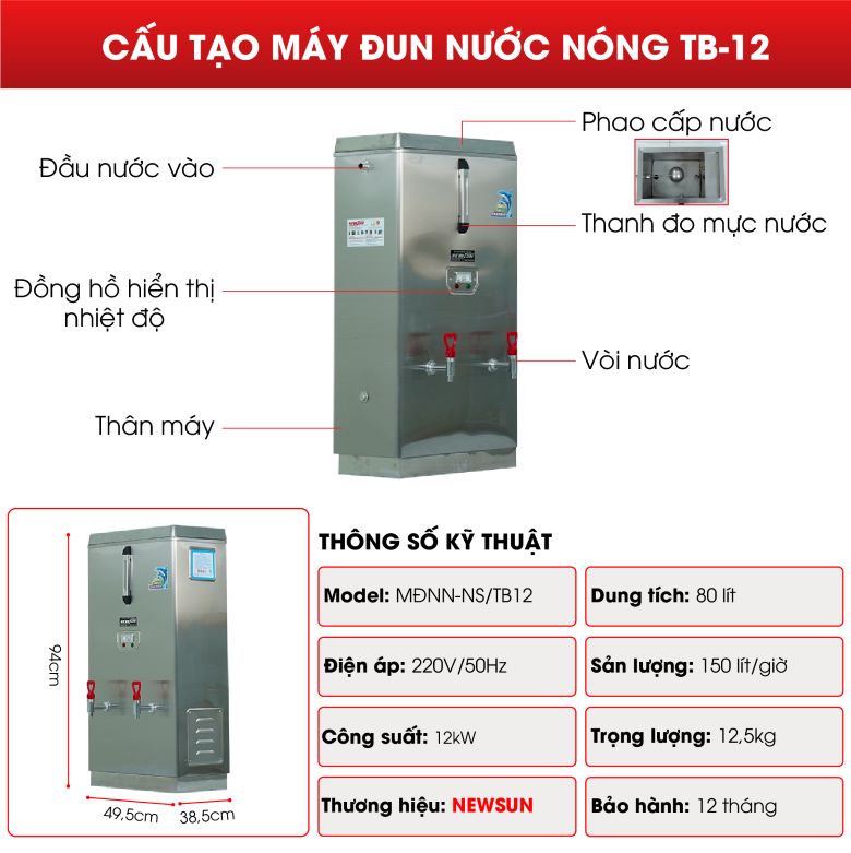 Máy đun nước nóng 150 lít/giờ TB-12 NEWSUN Hàng chính hãng