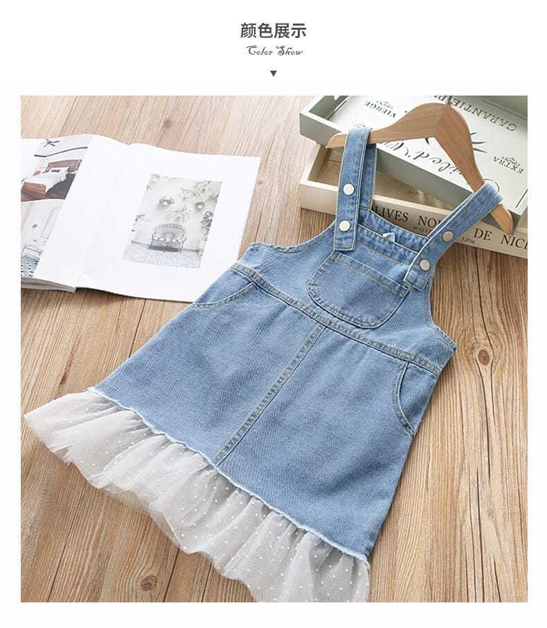 DONGSHOP 2023 Mùa xuân và mùa thu tây phiên bản Hàn Quốc của cô gái váy trẻ em denim dây đeo váy vest đầm bé