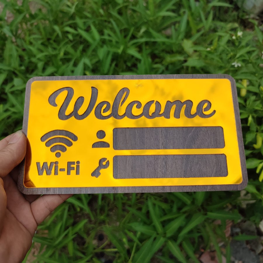 Bảng Free Wifi, Mật Khẩu Wifi Gương Vàng và Gỗ - Sang Trọng, Hiện Đại - Có sẵn keo dán phía sau