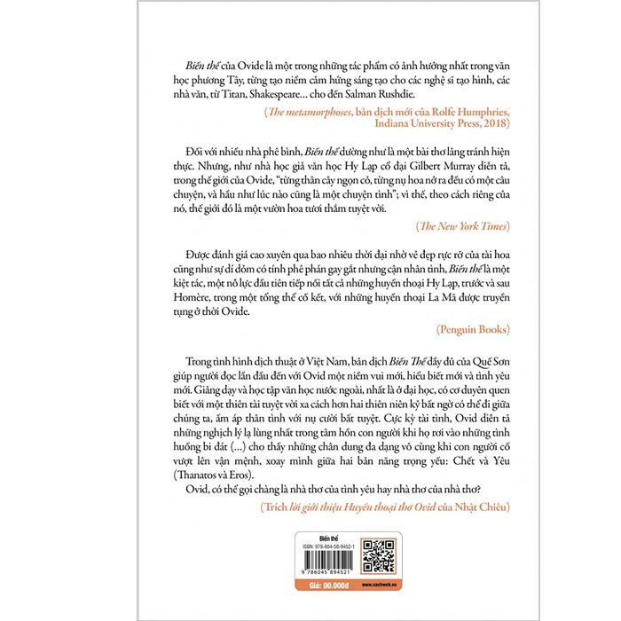 Biến Thể - Những Huyền Thoại Hy-La Chọn Lọc Và Kể Lại - Ovide - Quế Sơn dịch - (bìa mềm)