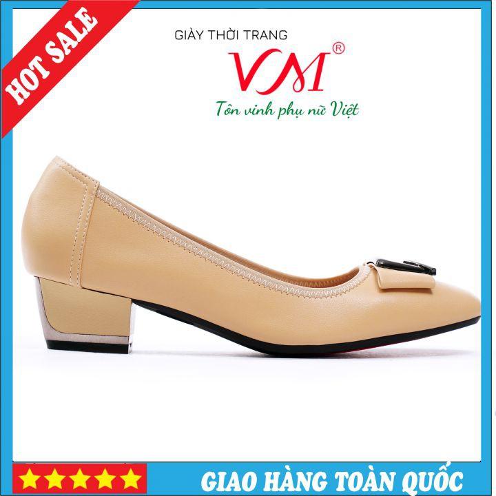 Giày Cao Gót Nữ 3 Phân VM Mũi Nhọn, Gót Vuông Vững Trãi Bọc Kim Loại Bạc Sang Trọng, Thời Trang