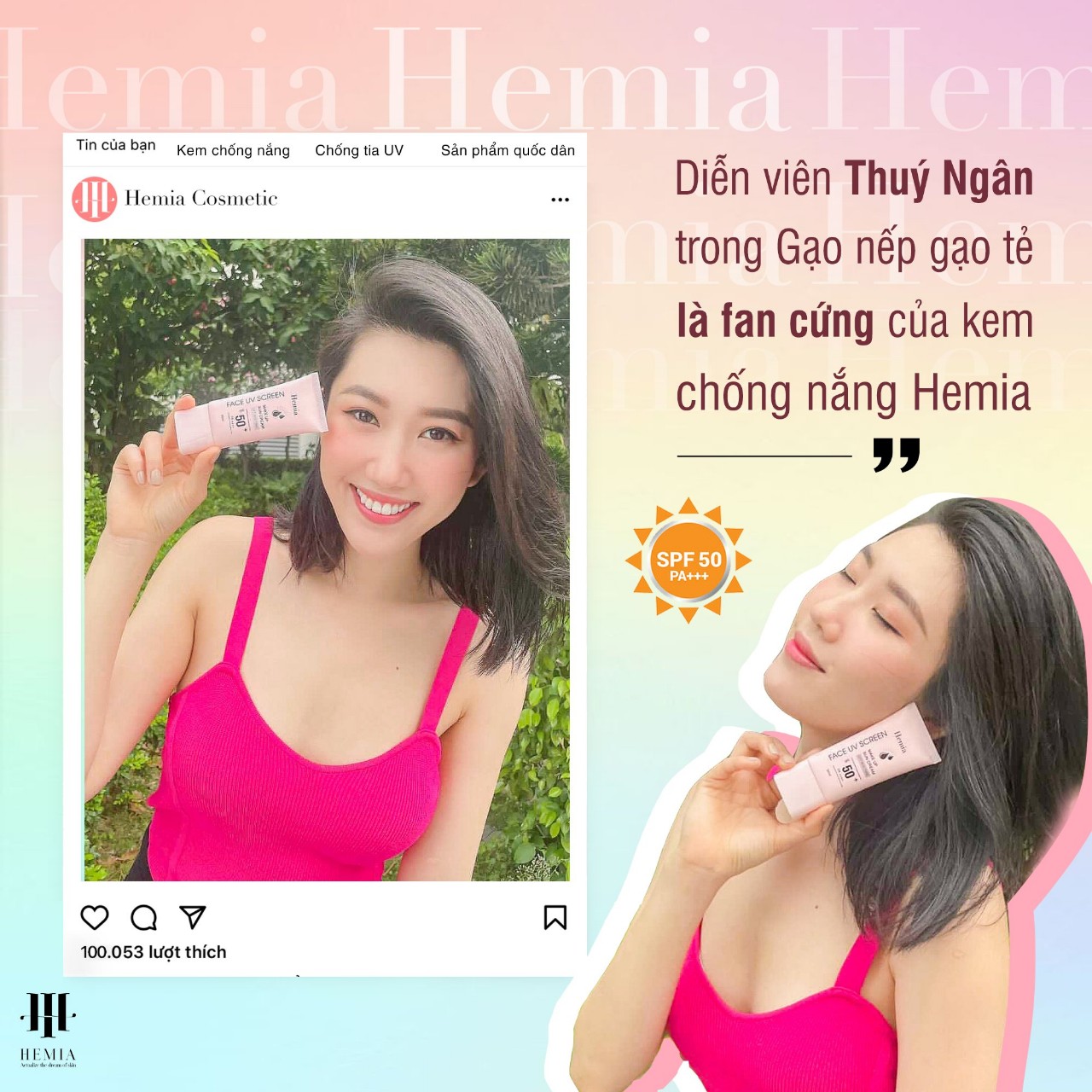 Kem chống nắng HEMIA dưỡng trắng nâng tone SPF50+, chiết xuất 100% tự nhiên, Makeup Da Không Nhờn, Không Bết Dính