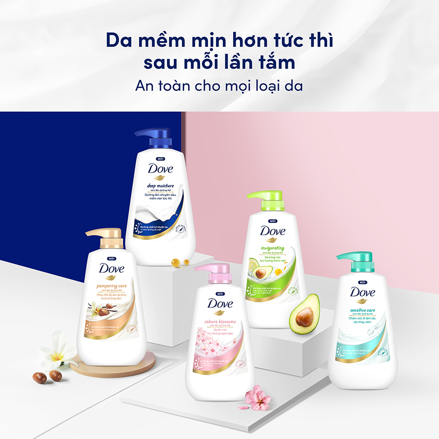 Sữa tắm dưỡng thể Dove Sakura Blossoms Da mềm mịn hương hoa với hương hoa anh đào & muối hồng 500g