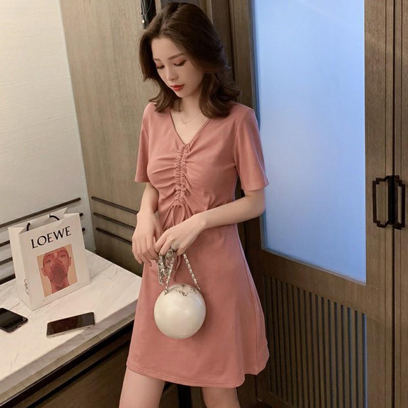 Đầm nữ ngắn tay cổ chữ V màu trơn