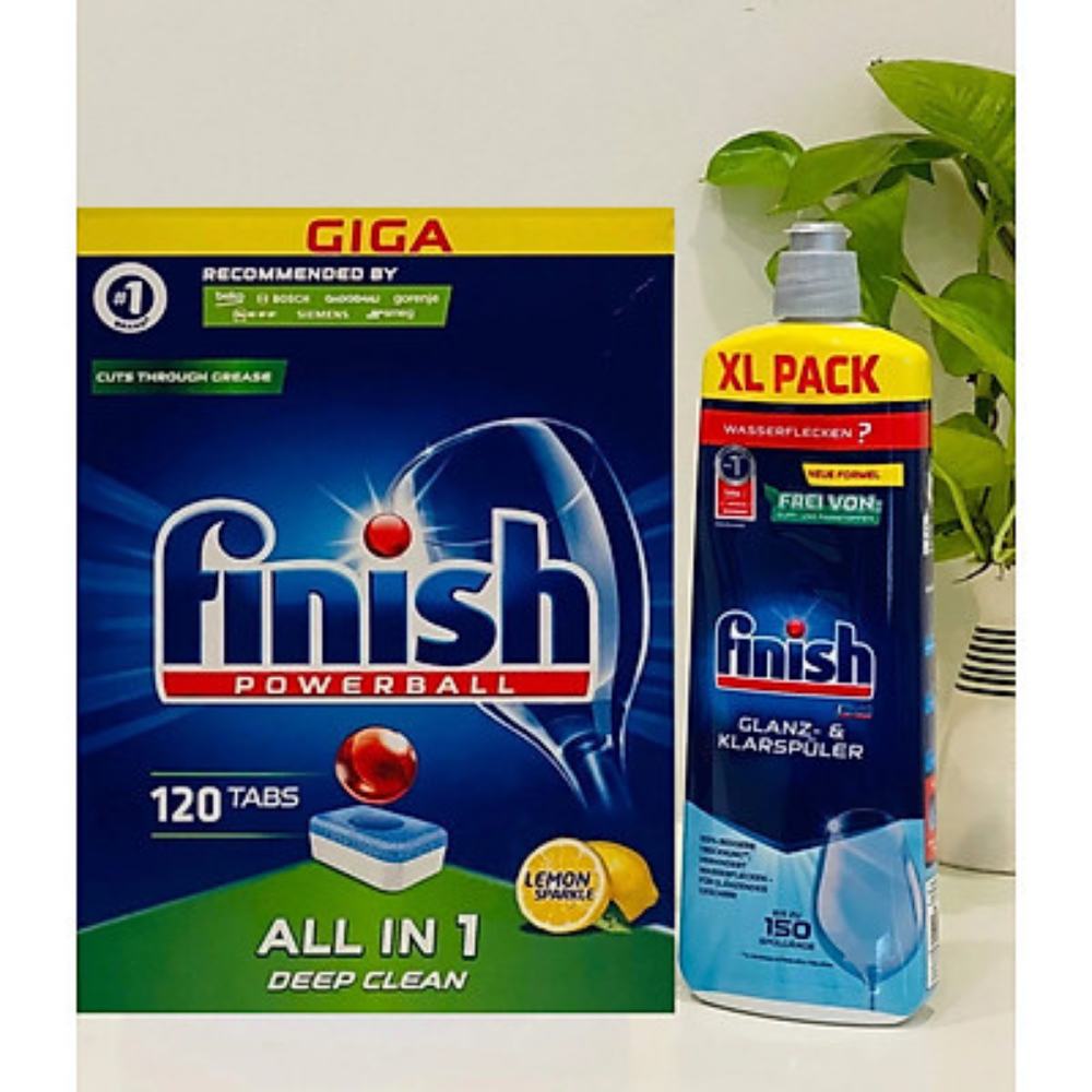 Viên rửa bát Finish 120 viên + Nước làm bóng Finish 800ml dùng cho Máy rửa bát