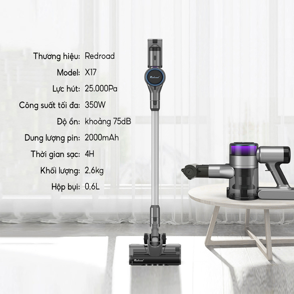 Máy Hút Bụi Không Dây Cầm Tay XIAOMI REDROAD V17 MAX - Đổ Rác Tự Động Với Bộ Lọc Kép Lực Hút Cực Mạnh 26500 Pa Thời Gian Làm Việc 60 Phút, Diện Tích Hoạt Động 200m2 Công Suất 450 W - Hàng Chính Hãng