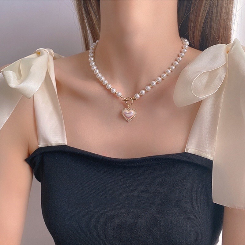 Vòng Cổ Choker Đính Hạt Ngọc Mặt Hình Trái Tim Thời Trang Sang Chảnh