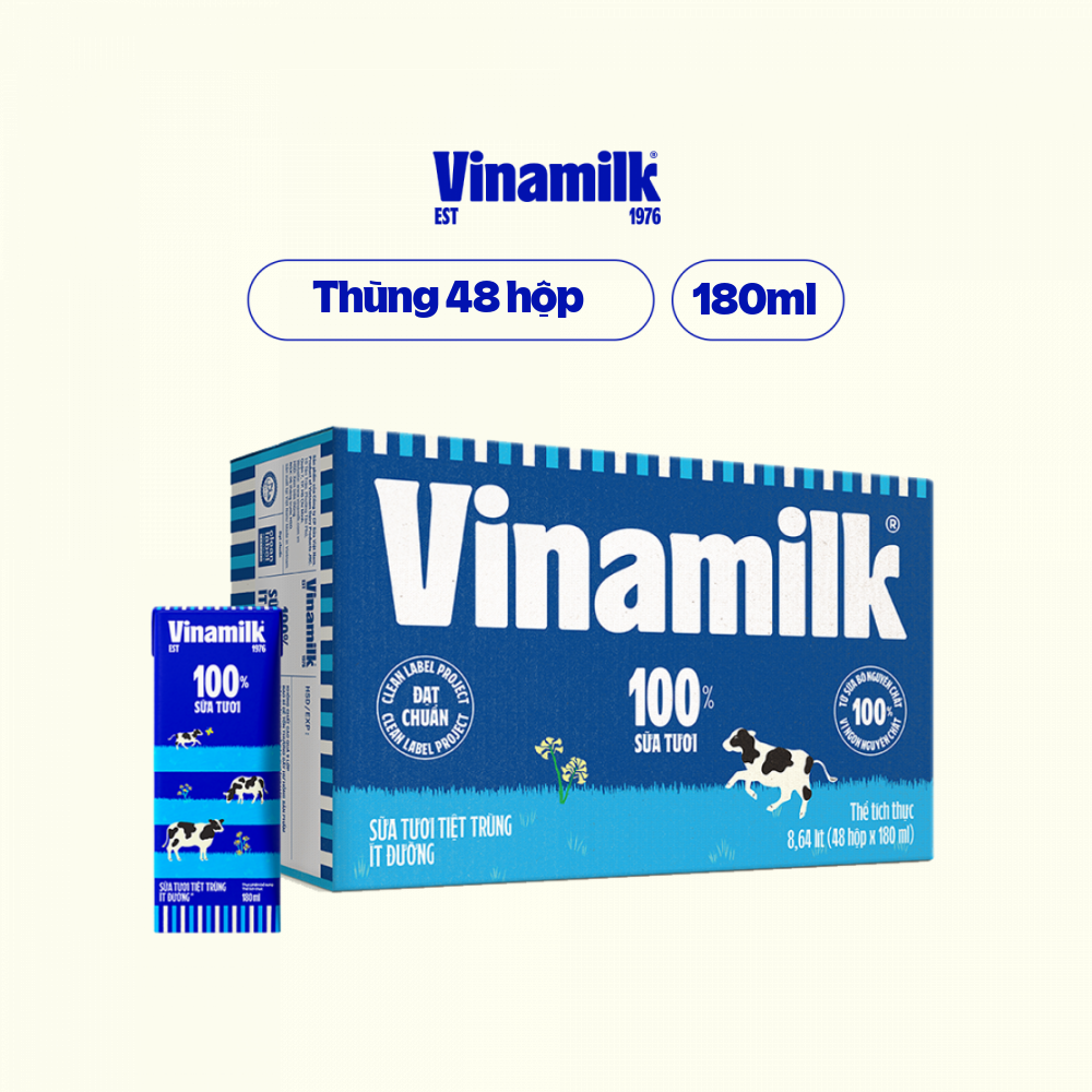 Thùng 48 Hộp Sữa Tươi Tiệt Trùng Vinamilk 100% Ít Đường (180ml)