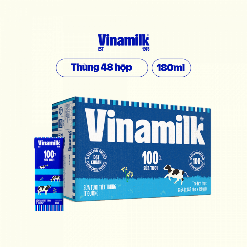 COMBO 6 LỐC SỮA TƯƠI TIỆT TRÙNG VINAMILK 100% ÍT ĐƯỜNG - LỐC 4 HỘP X 180ML