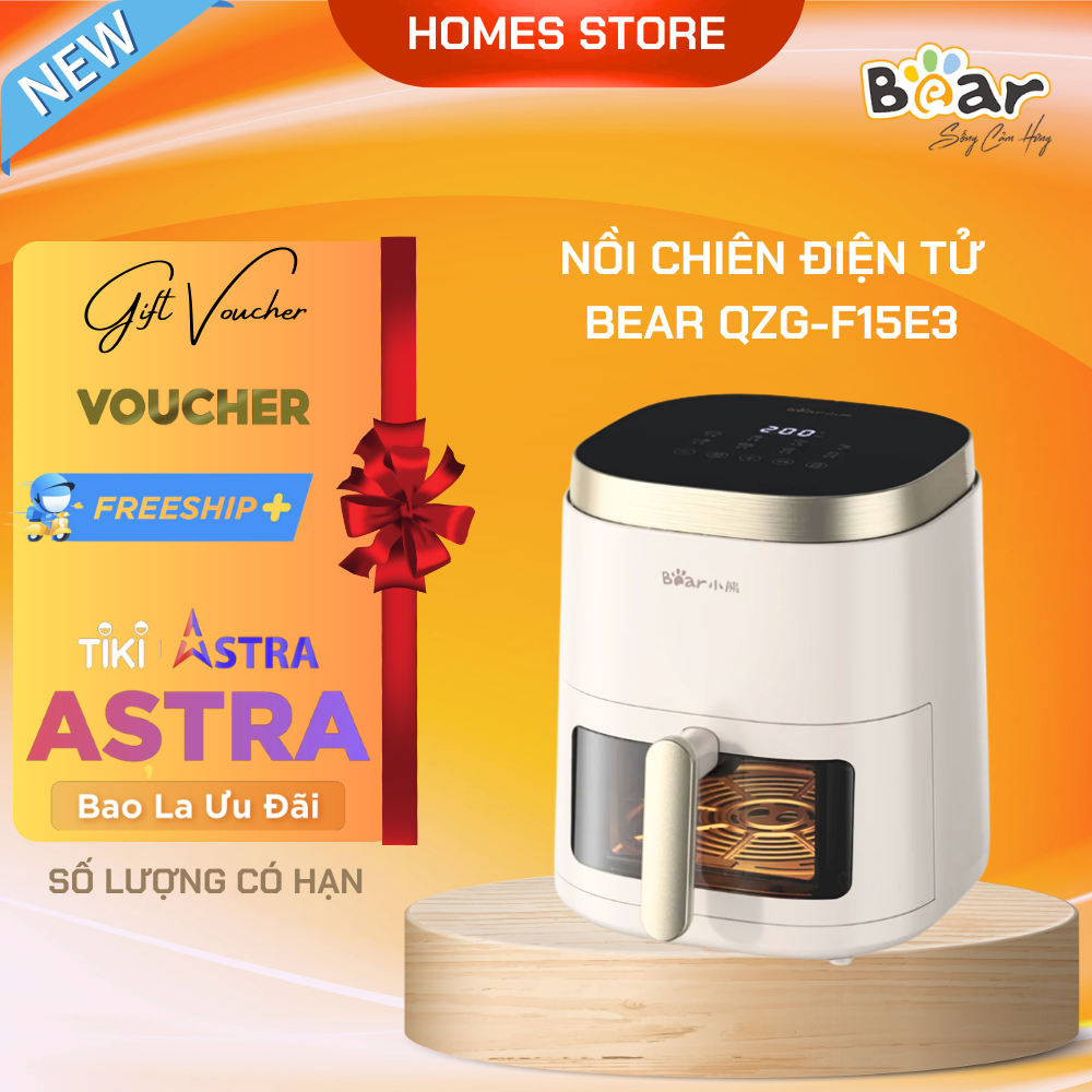 Nồi Chiên Không Dầu BEAR QZG-F15E3 Cách Nhiệt Giảm Độ Ồn, Nhiệt Độ Từ 80-200 Độ C Dung Tích 5 Lít Công Suất 1500 W - Hàng Chính Hãng