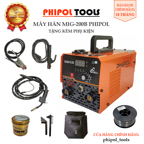 Máy hàn PHIPOL TOOLS MIG 200B không khí điện 220V tặng kèm nhiều phụ kiện, có chế độ hàn MIG/MMA/TIG - Hàng Chính Hãng